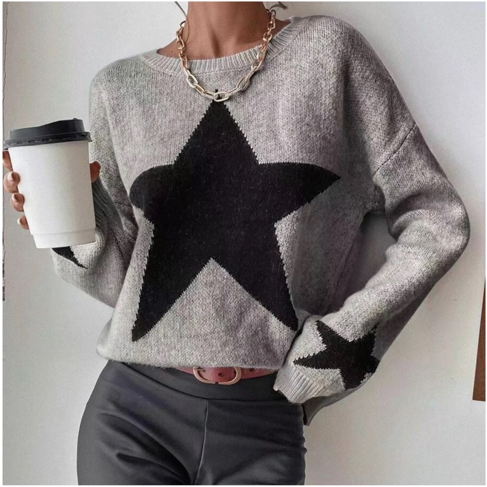 Cozy Star Print Knit Oversized Sweater Top - Picture 3 of 6